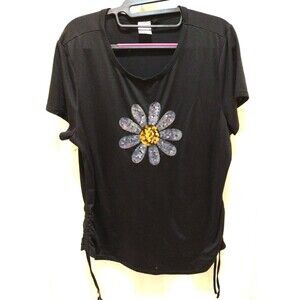 NO BOUNDARIES 3X BLACK SHIRT DAISY SEQUINS FANTASY FLORAL GLAM FLOWER V-NECK